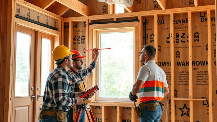 Construction workers installing pass-through window in framed house.