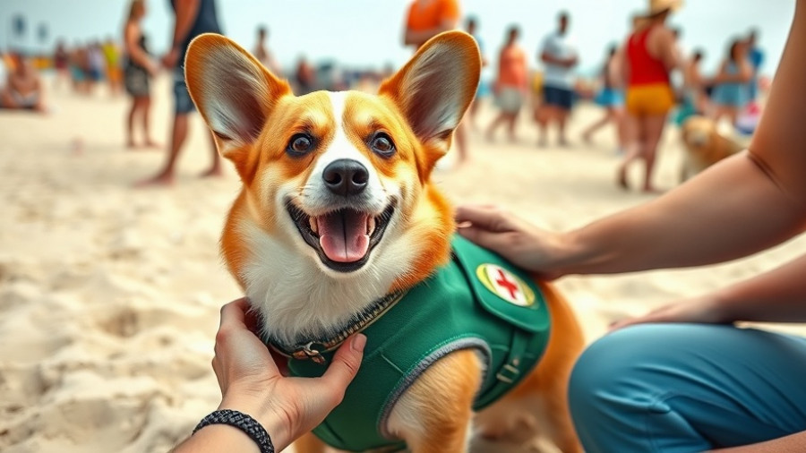 Corgi in Swiss army knife costume at beach celebration