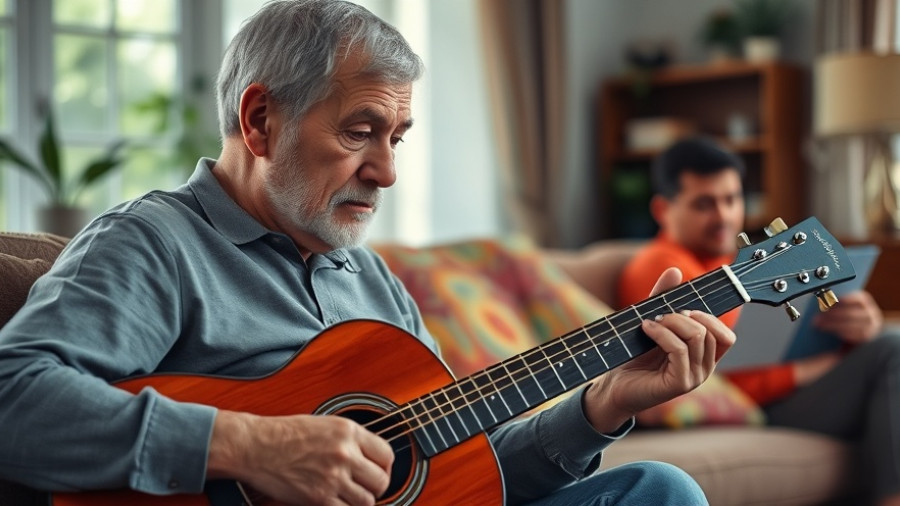 Elderly man playing guitar as significant other relaxes, highlighting retirement.