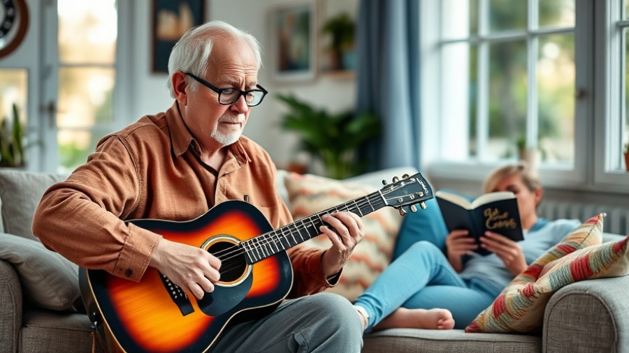 Senior man playing guitar, benefits of a man cave for seniors in retirement