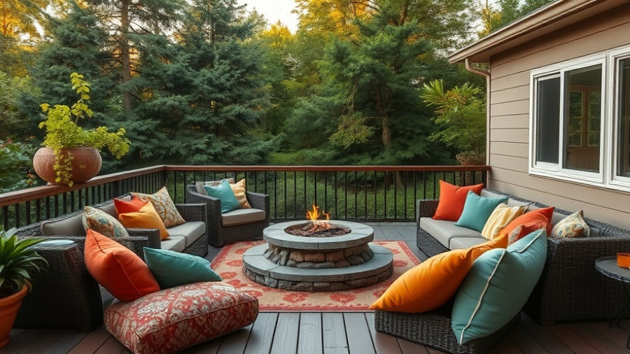 Cozy outdoor deck seating area with a fire pit and colorful pillows.