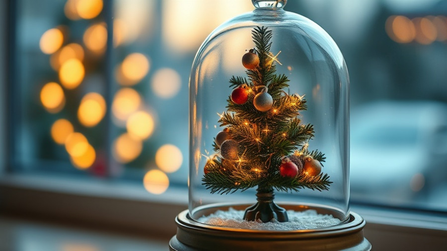 Mini Christmas tree in glass dome with lights and ornaments.