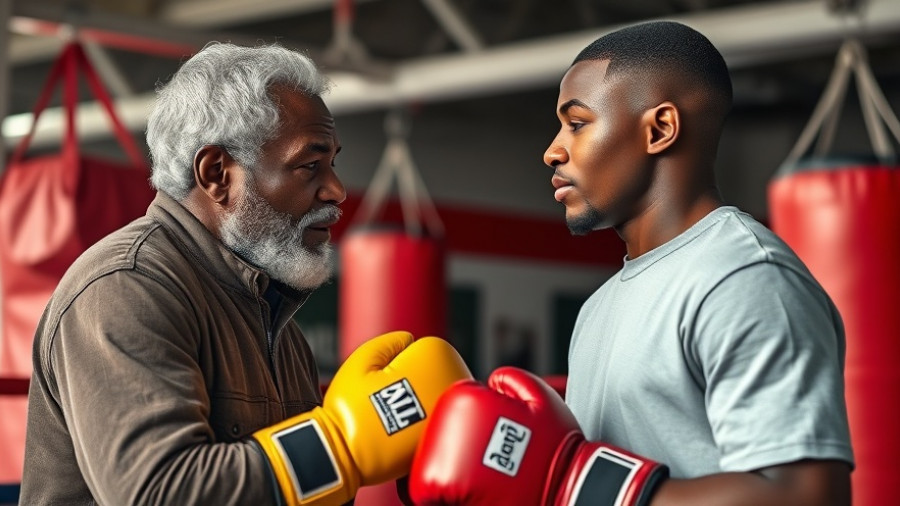 Senior mentoring young boxer in gym showcasing benefits of mentoring.