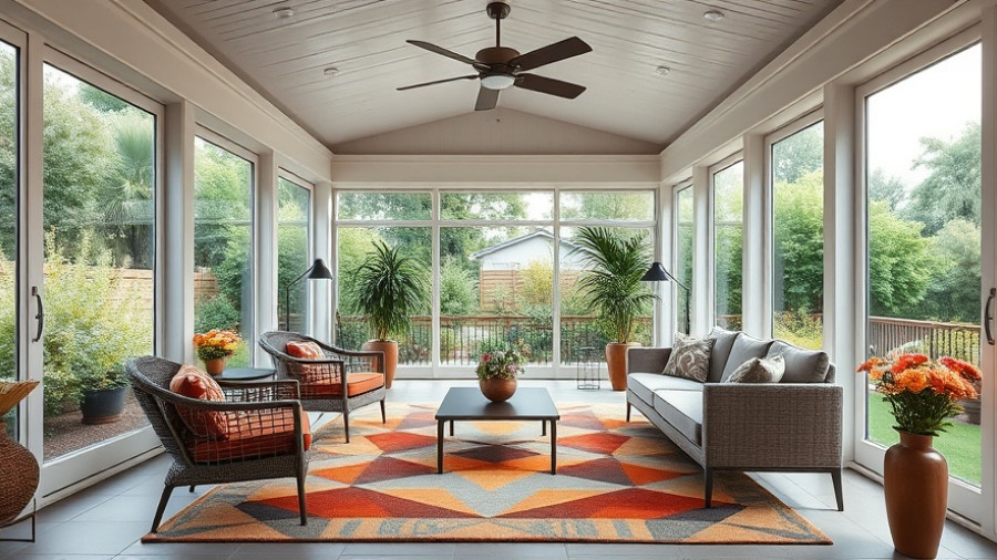 Spacious modern indoor porch design ideas with elegant furniture and garden view.