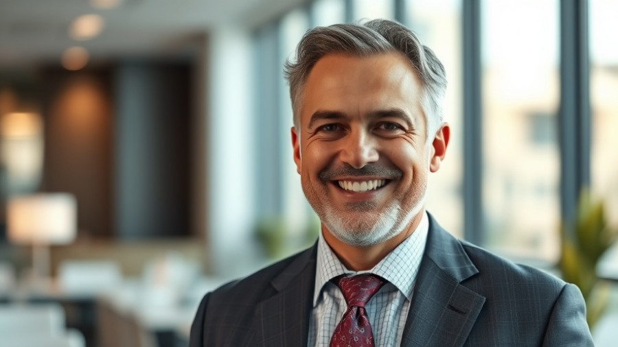 Skanska leadership changes, professional man smiling confidently in an office.