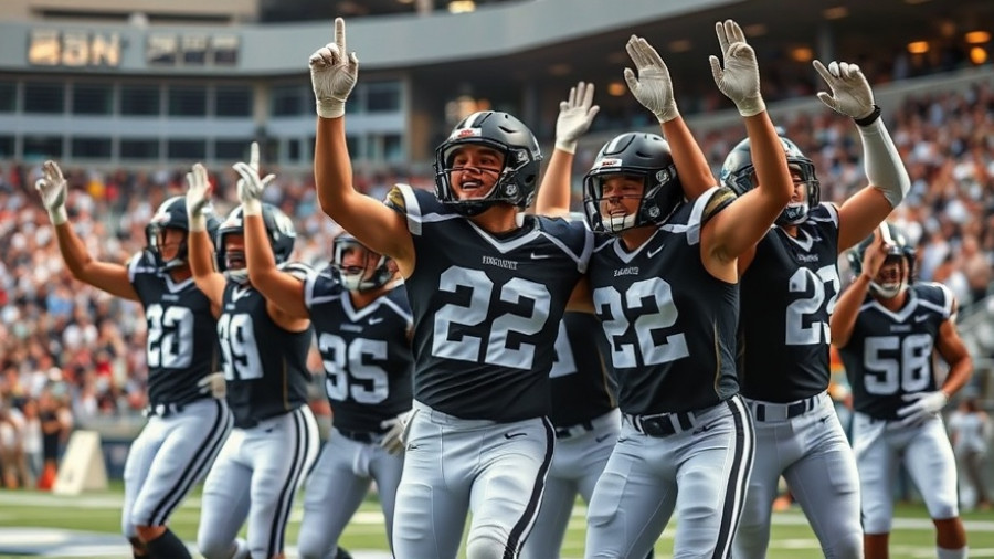 Dynamic action of high school football players celebrating in Orange County game.