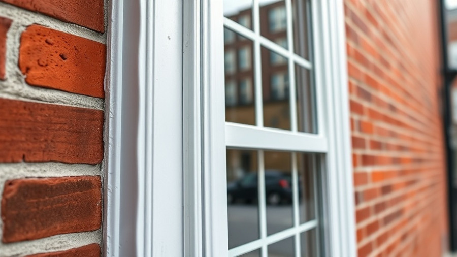 Close-up view of exterior vinyl double-hung window with brick wall.