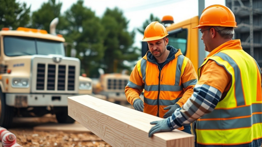 Construction workers discussing safety gear, focusing on right to work checks.