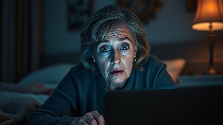 Middle-aged woman watching spooky short films for seniors on a laptop.