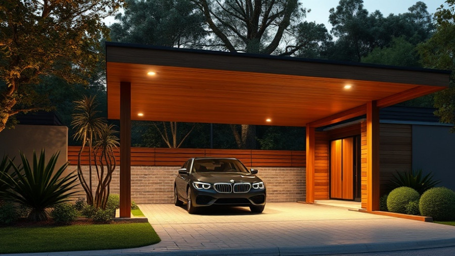 Modern covered carport designs in a twilight garden setting.
