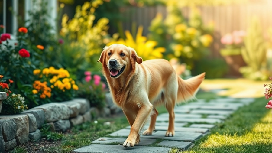 Dog-friendly backyard landscaping ideas featuring a golden retriever.