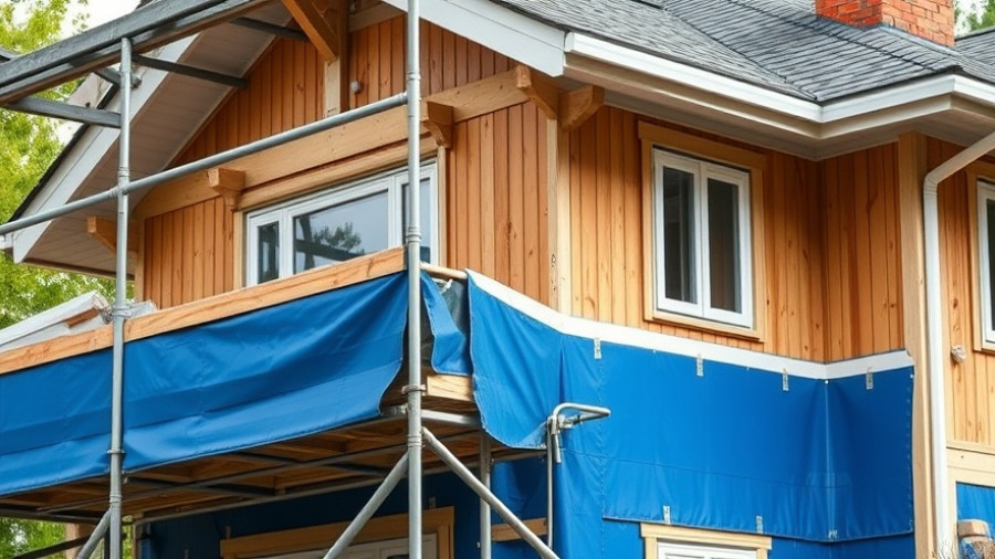 House exterior upgrade with construction scaffolding and blue sheathing.