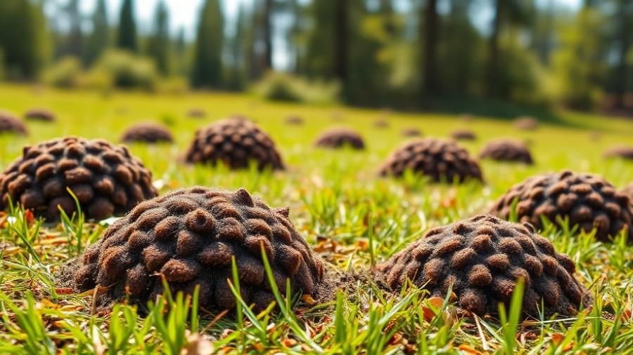 Molehills on grassy field under sunny sky, mole damage visible.