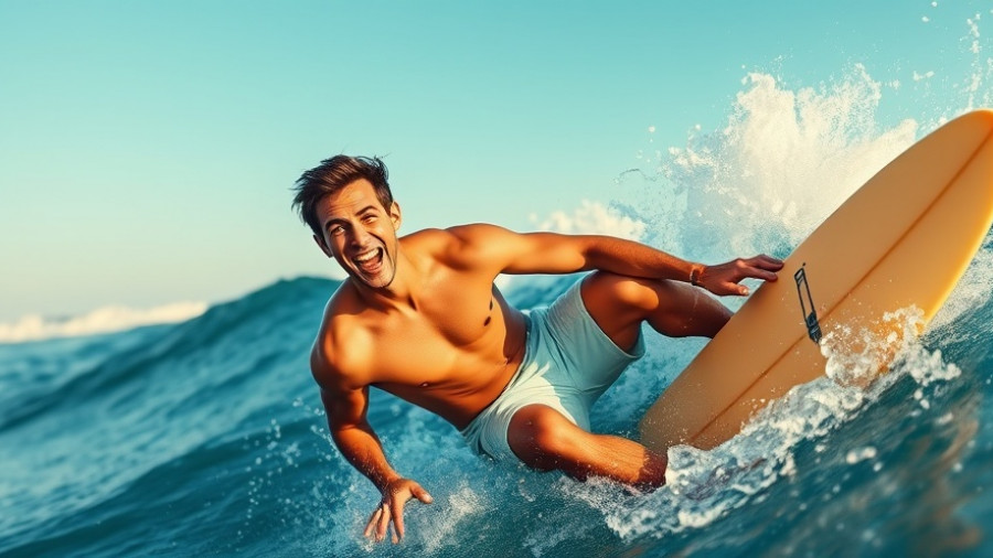 Joyful surfer in Lombok riding a vibrant wave, eco-friendly surf retreats.