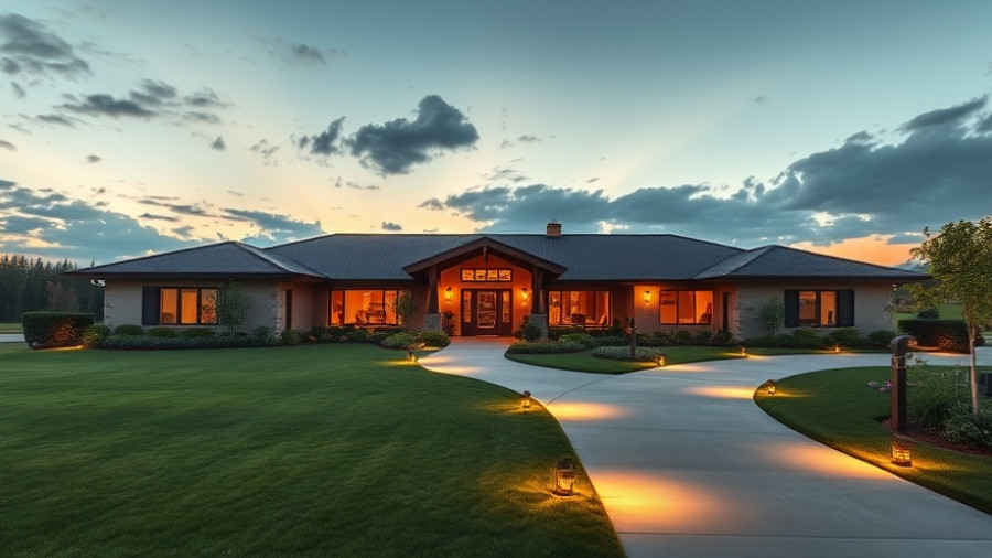 Modern ranch house landscaping design with lush greenery.