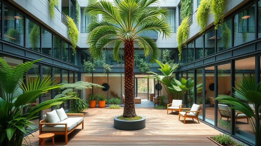 Modern courtyard with palm tree and art, private courtyard design ideas.