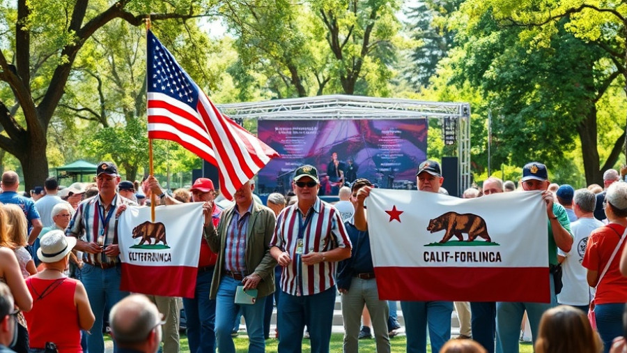 Veterans Day celebration at Long Beach, attendees with flags and stage.
