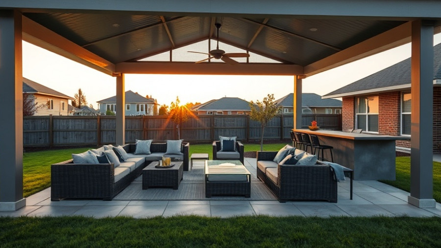 Modern covered backyard design with seating and bar area.