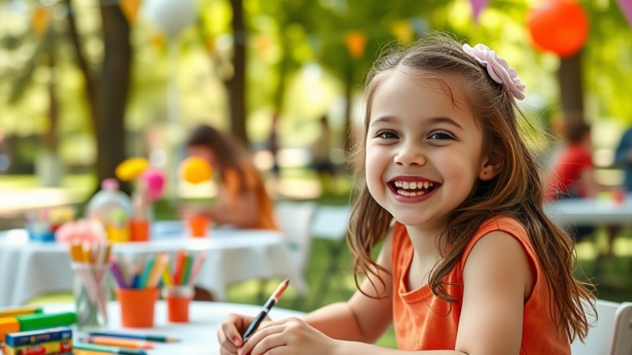 Young girl smiling at Family Arts Day 2025, colorful outdoor setting.