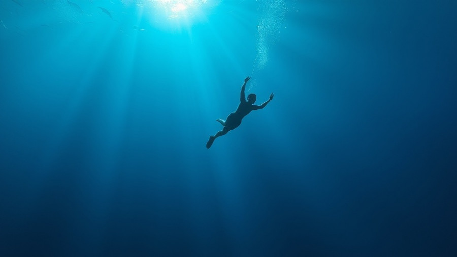 Freediver gliding in deep ocean with beams of light, showcasing freediving skills for surfers.