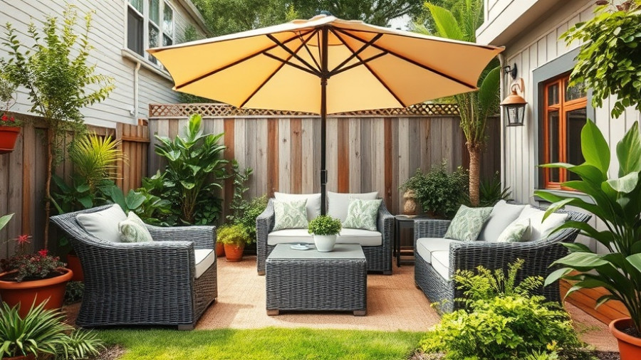 Charming sideyard patio design with wicker furniture and greenery.