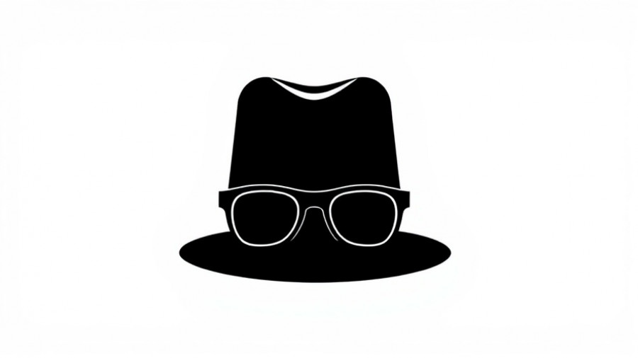 Minimalist icon of hat and glasses in black and white.