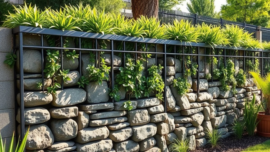 Modern gabion wall ideas with natural grass and sunlight.