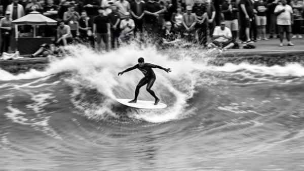 Surfer on Munich Eisbach River Wave in dynamic black and white motion blur.