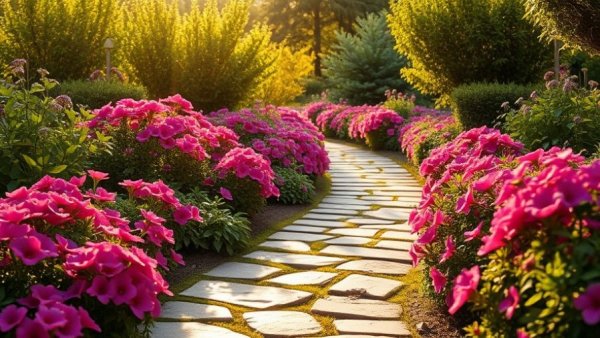 Stepping stone pathway ideas in a flower-filled garden.