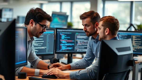 Dedicated professionals discussing code, symbolizing latest medical news investigations.