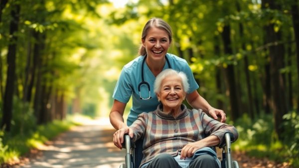 Friendly female caregiver supporting a smiling senior on a forest path.