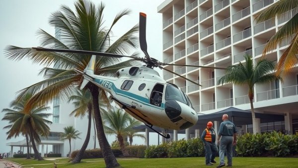 Helicopter crash at Huntington Beach hotel entrance with investigators.