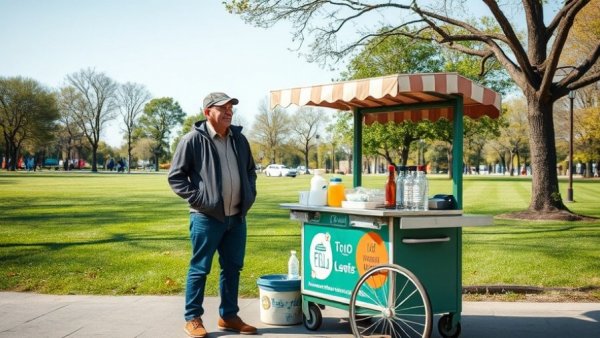 Street vendor by food cart in sunny Long Beach park.
