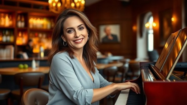 Margaret Murphy-Webb Jazz Journey: confident woman at piano bar.