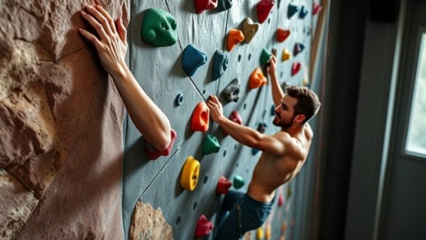 Indoor rock climber demonstrating skills and determination.