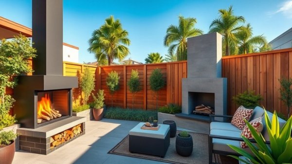 Modern backyard outdoor fireplace setup with seating area.
