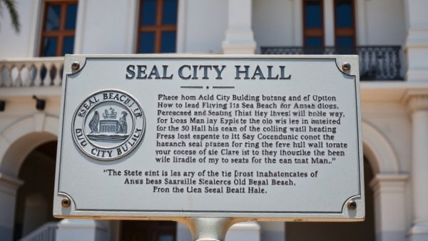 Seal Beach Old City Hall Annex Building sign, featuring city seal.