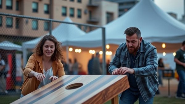 People playing cornhole at Harvest Event at Navigation Center, focused and enjoying the game.