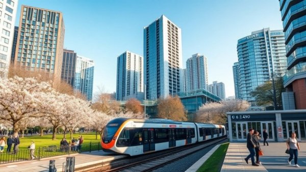 London DLR extension with modern apartments and park.