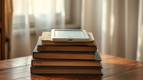 Cozy stack of books with e-reader, perfect for Senior Planet Book Club.