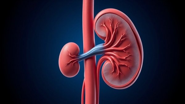 Illustration of kidney anatomy with nephrons and blood vessels.