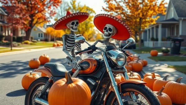 Seal Beach Pumpkin Palooza Halloween Bash festive display with skeleton on motorcycle.
