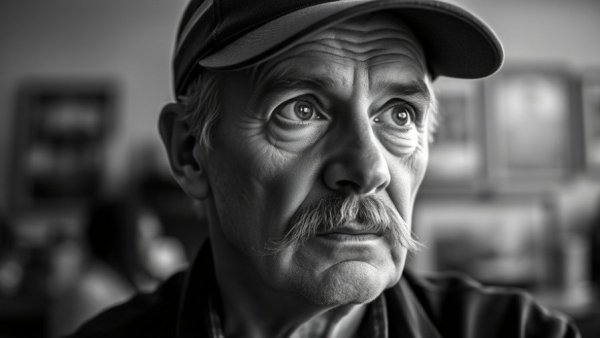 Middle-aged man in cap, thoughtful gaze in black and white portrait.