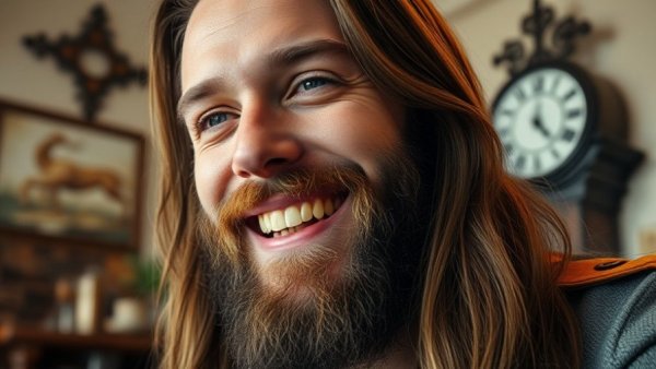 Portrait of warm, smiling man in soft-lit room with wall art.