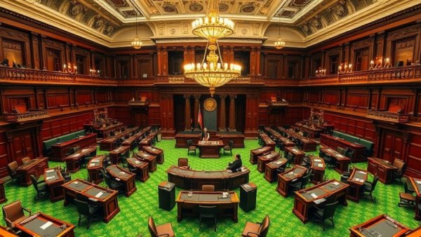California lawmakers discussing budget earmarks in ornate assembly hall.