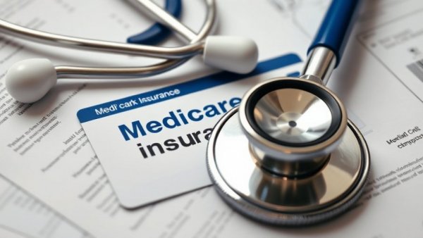 Medicare health insurance card with stethoscope on medical documents.