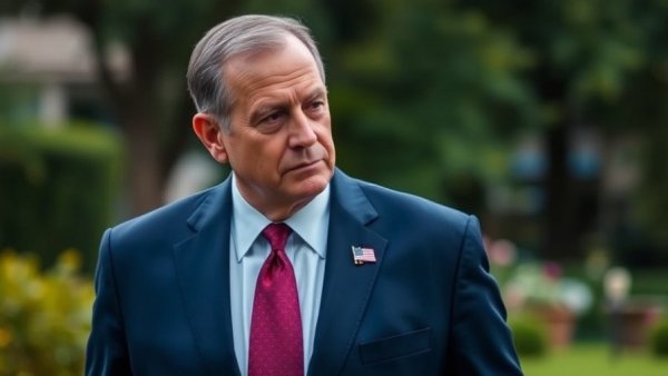 Man in a suit outdoors with a USA flag pin, appearing thoughtful.