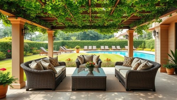 Elegant covered pergola design with wicker furniture and greenery.