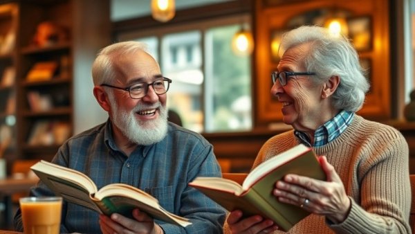 Seniors in a book club discussing books and smiling in a cafe.