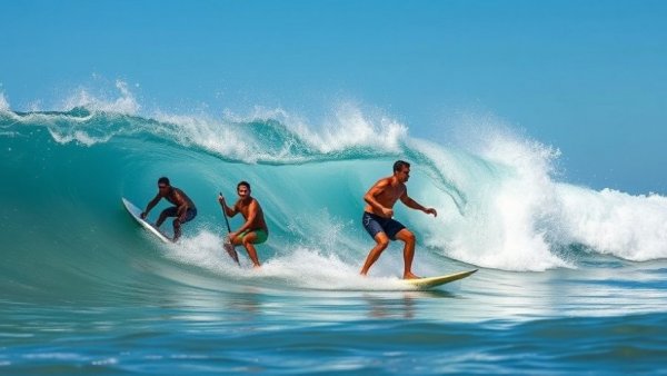 Surfers demonstrating high-performance surf paddling techniques.